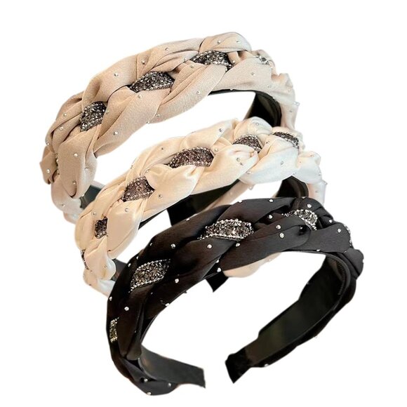 Women's Crystal Hair Bands Set Non Slip Wide Weaving Elegant Accessory - Picture 6 of 6